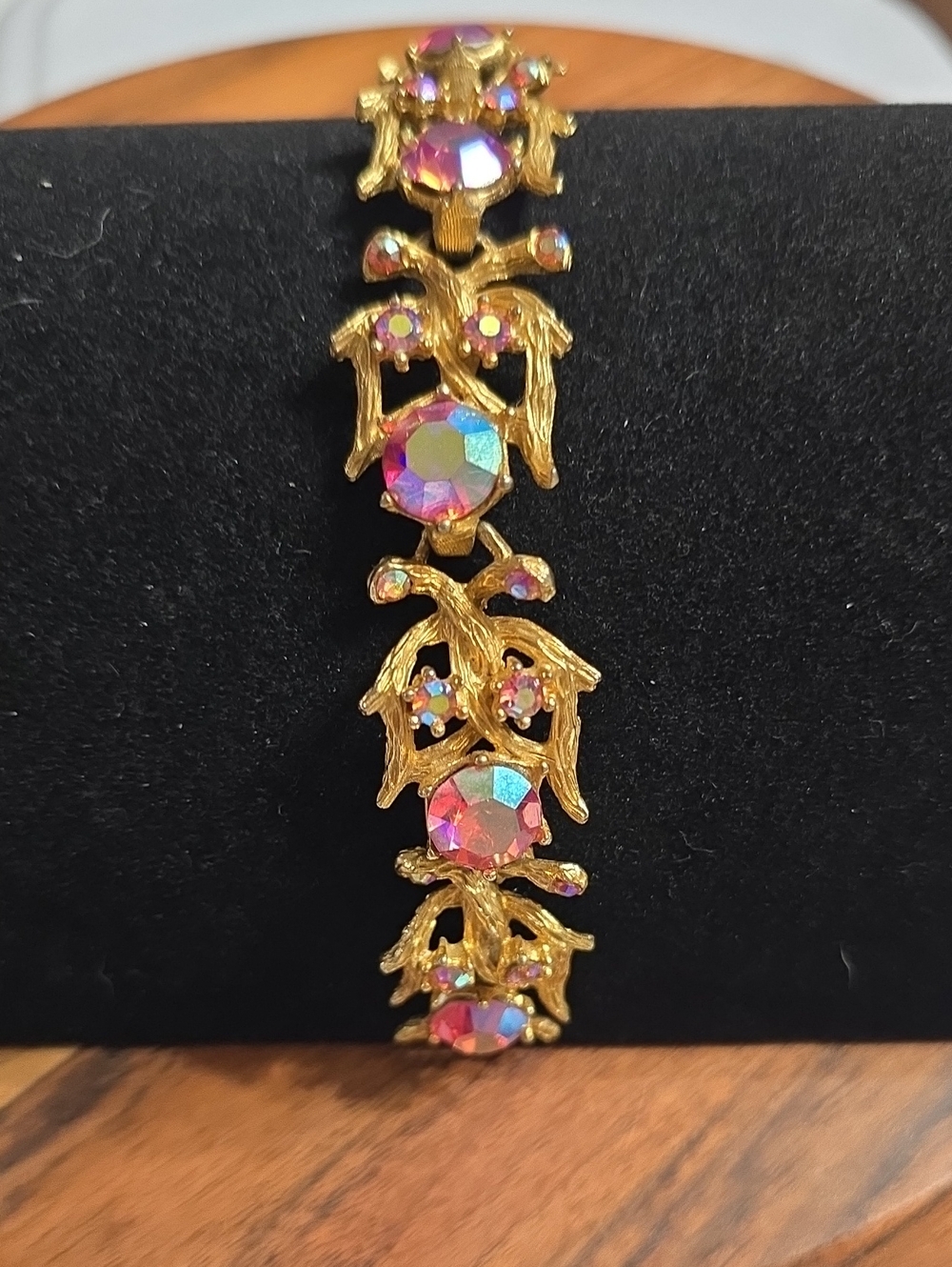 Vintage Gold-Tone Articulated Branch Motif Pink Aurora Crystal Link Bracelet